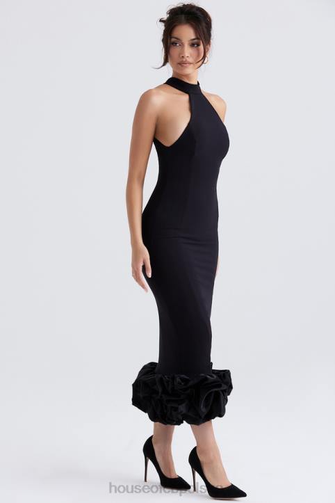 House of CB Czarna Midi Sukienka Peplum Jałowiec Stylowa Moda