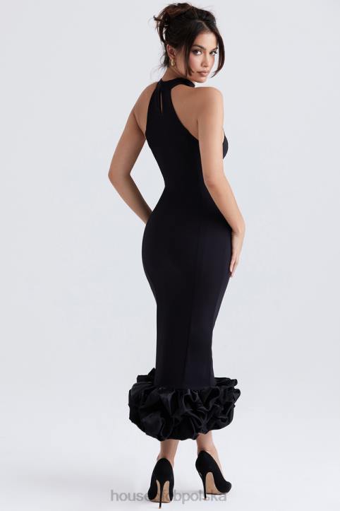 House of CB Czarna Midi Sukienka Peplum Jałowiec Stylowa Moda