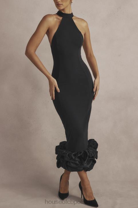 House of CB Czarna Midi Sukienka Peplum Jałowiec Stylowa Moda