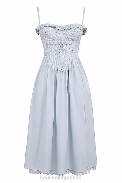 House of CB Jaime miękka niebieska sukienka midi z koronką broderie anglais