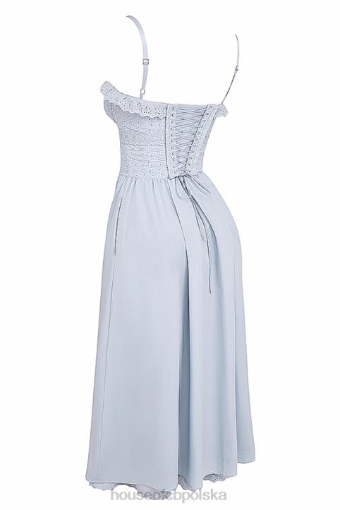House of CB Jaime miękka niebieska sukienka midi z koronką broderie anglais