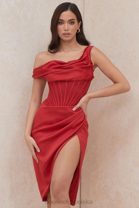 House of CB Czerwona Asymetryczna Drapowana Sukienka Midi z Gorsetem 4PND587 Elegancja na Każdą Okazję