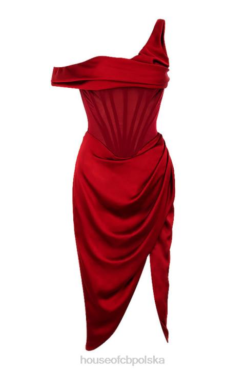 House of CB Czerwona Asymetryczna Drapowana Sukienka Midi z Gorsetem 4PND587 Elegancja na Każdą Okazję