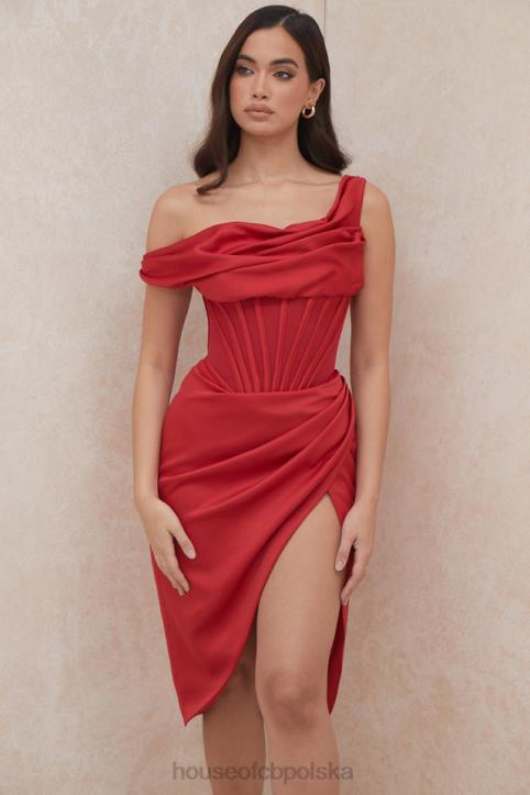 House of CB Czerwona Asymetryczna Drapowana Sukienka Midi z Gorsetem 4PND587 Elegancja na Każdą Okazję
