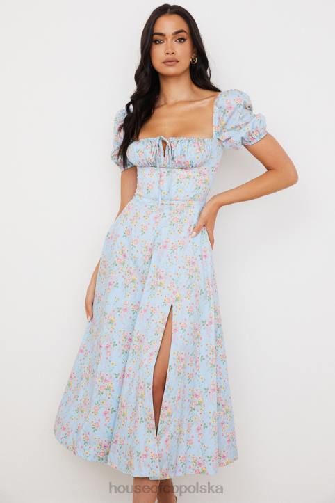 House of CB Niebieska vintage sukienka midi z bufiastymi rękawami i kwiatami