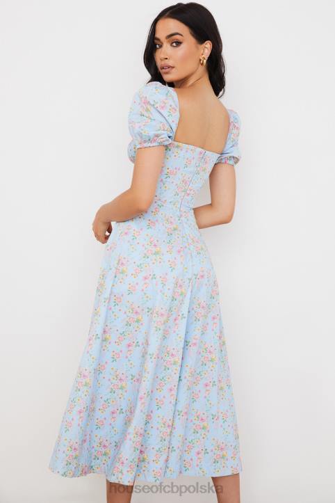 House of CB Niebieska vintage sukienka midi z bufiastymi rękawami i kwiatami