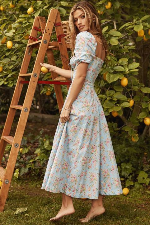 House of CB Niebieska vintage sukienka midi z bufiastymi rękawami i kwiatami