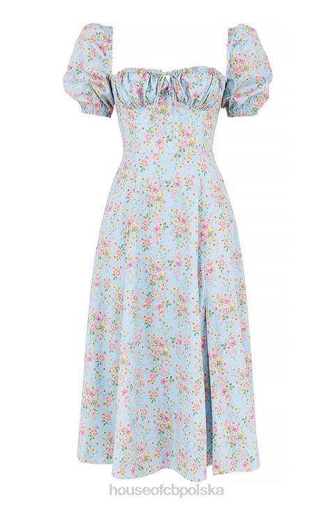 House of CB Niebieska vintage sukienka midi z bufiastymi rękawami i kwiatami