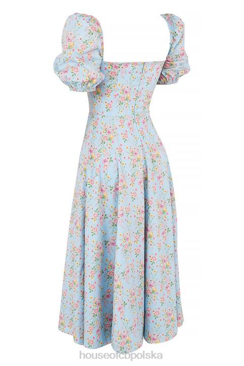 House of CB Niebieska vintage sukienka midi z bufiastymi rękawami i kwiatami
