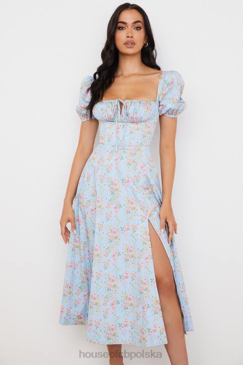 House of CB Niebieska vintage sukienka midi z bufiastymi rękawami i kwiatami