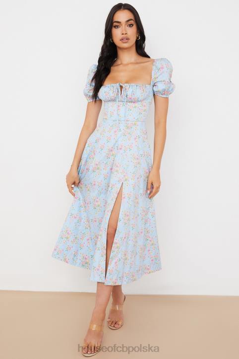 House of CB Niebieska vintage sukienka midi z bufiastymi rękawami i kwiatami