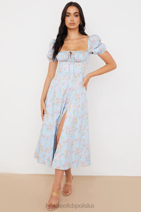 House of CB Niebieska vintage sukienka midi z bufiastymi rękawami i kwiatami
