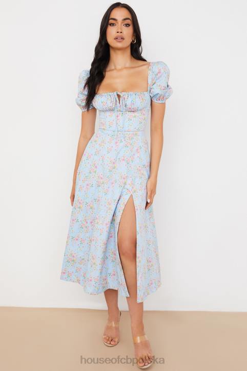House of CB Niebieska vintage sukienka midi z bufiastymi rękawami i kwiatami