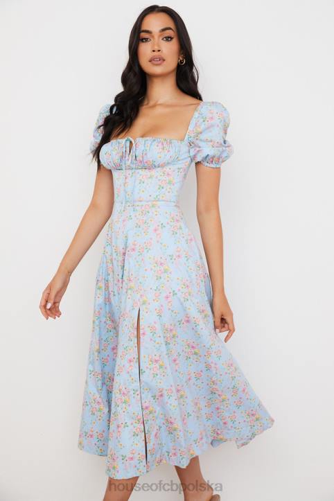 House of CB Niebieska vintage sukienka midi z bufiastymi rękawami i kwiatami
