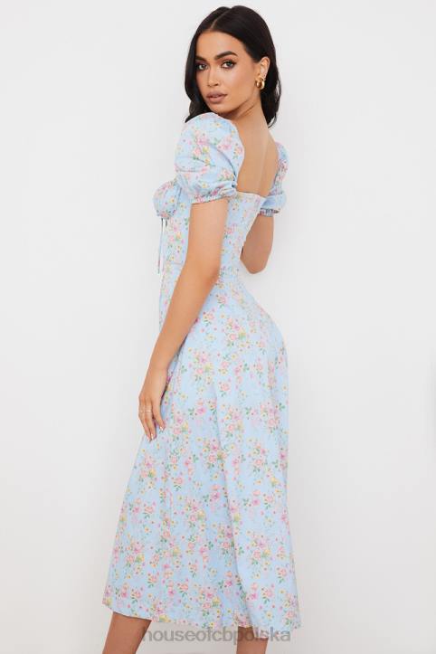 House of CB Niebieska vintage sukienka midi z bufiastymi rękawami i kwiatami