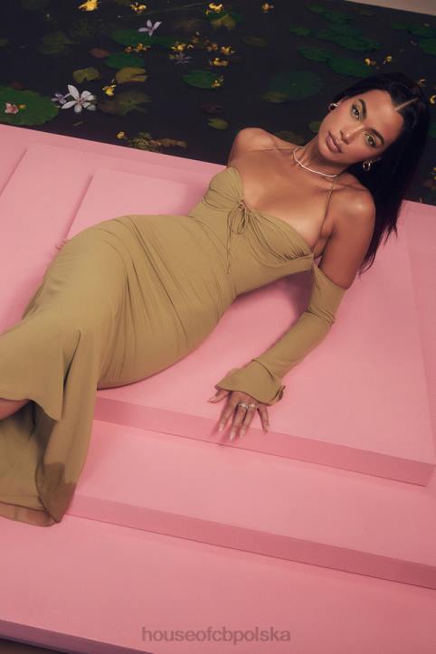 House of CB Midi Sukienka Naomi Oliwkowa z Wiązaniem na Szyi