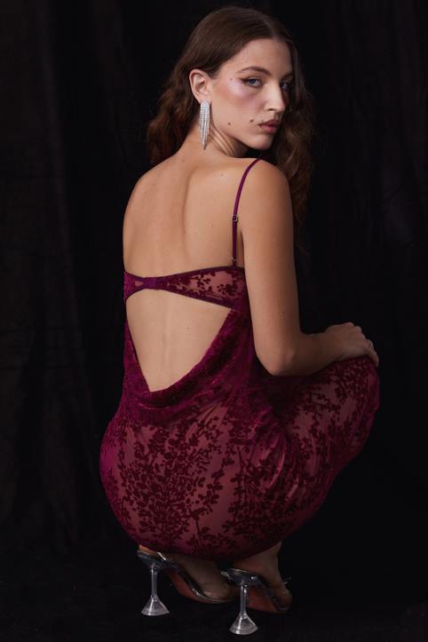 House of CB Sukienka Midi Ione Cranberry Devore Modna Elegancja
