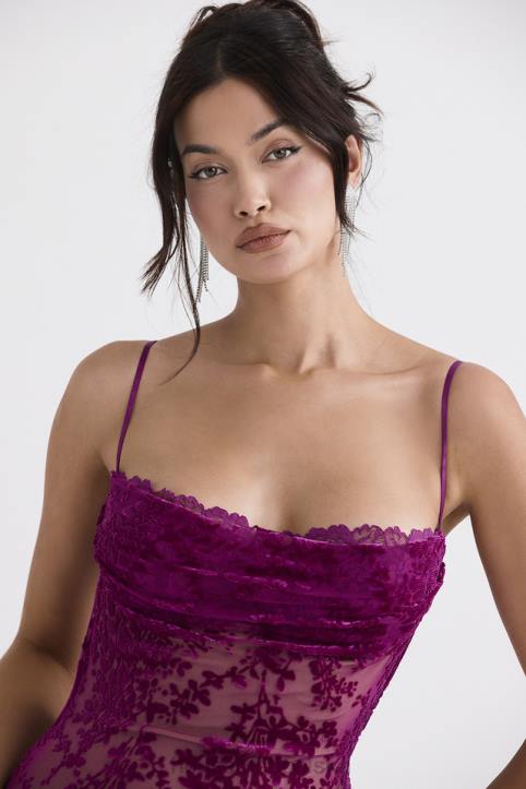 House of CB Sukienka Midi Ione Cranberry Devore Modna Elegancja