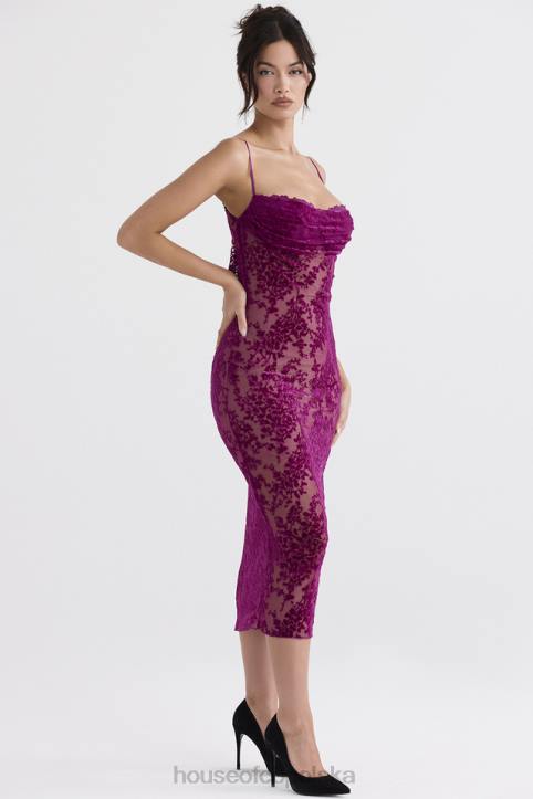 House of CB Sukienka Midi Ione Cranberry Devore Modna Elegancja