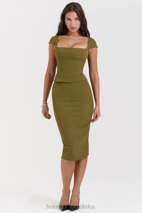 House of CB Oliwkowa Midi Sukienka z Gorsetem Layana 4PND163 Modna Odzież Kobieca
