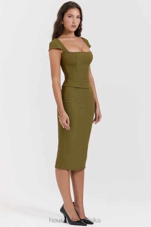 House of CB Oliwkowa Midi Sukienka z Gorsetem Layana 4PND163 Modna Odzież Kobieca