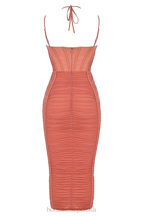 House of CB Różowa Midi Sukienka Marszczenia Mariah 4PND516 Modna Odzież