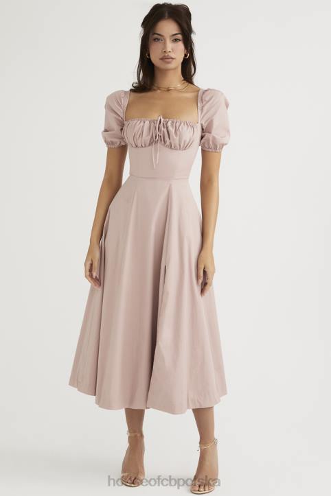 House of CB Różowa Midi Sukienka Buffi Rękawy Stylowa Elegancja