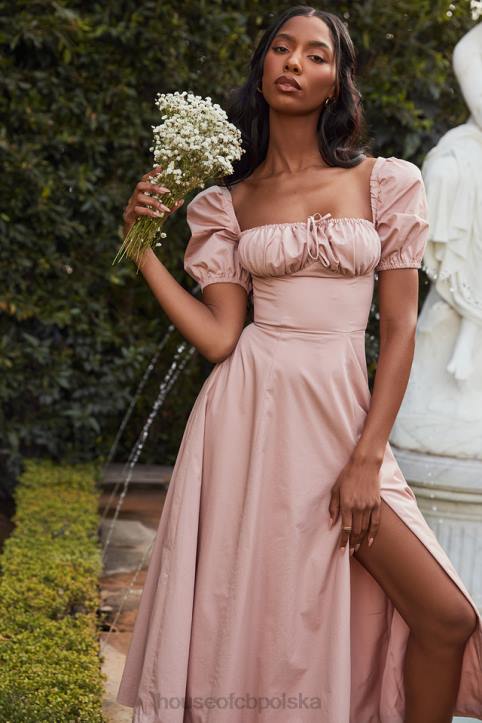House of CB Różowa Midi Sukienka Buffi Rękawy Stylowa Elegancja
