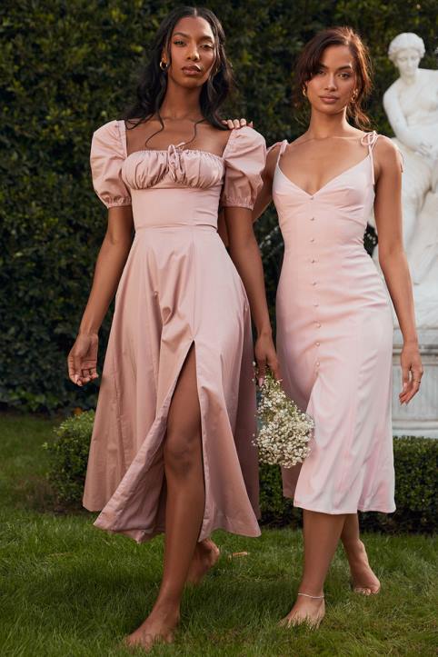 House of CB Różowa Midi Sukienka Buffi Rękawy Stylowa Elegancja
