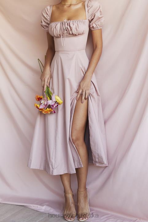 House of CB Różowa Midi Sukienka Buffi Rękawy Stylowa Elegancja