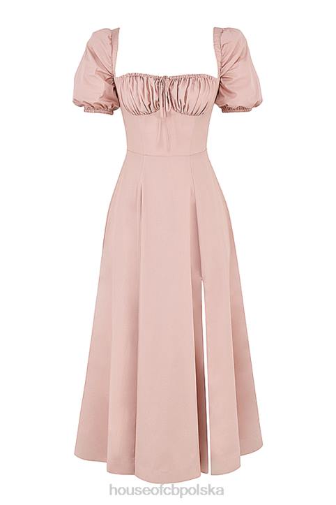 House of CB Różowa Midi Sukienka Buffi Rękawy Stylowa Elegancja