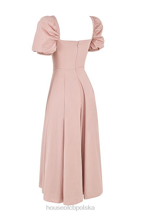 House of CB Różowa Midi Sukienka Buffi Rękawy Stylowa Elegancja