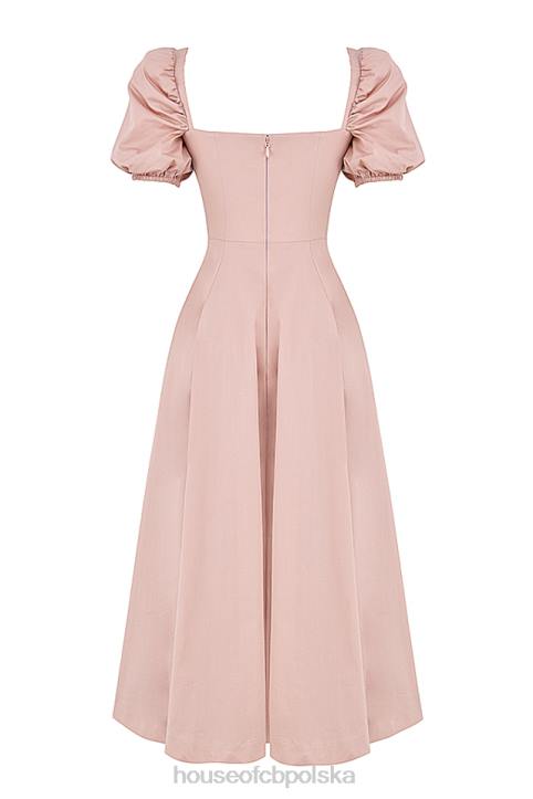 House of CB Różowa Midi Sukienka Buffi Rękawy Stylowa Elegancja
