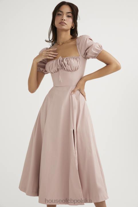 House of CB Różowa Midi Sukienka Buffi Rękawy Stylowa Elegancja