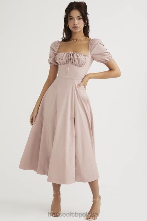 House of CB Różowa Midi Sukienka Buffi Rękawy Stylowa Elegancja