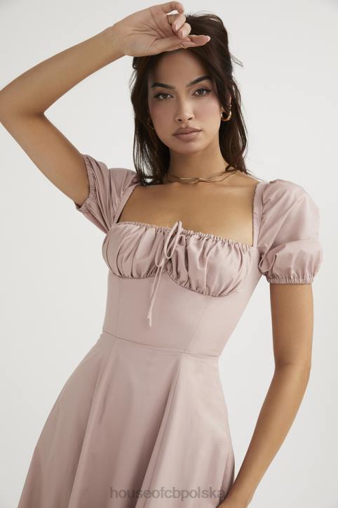 House of CB Różowa Midi Sukienka Buffi Rękawy Stylowa Elegancja