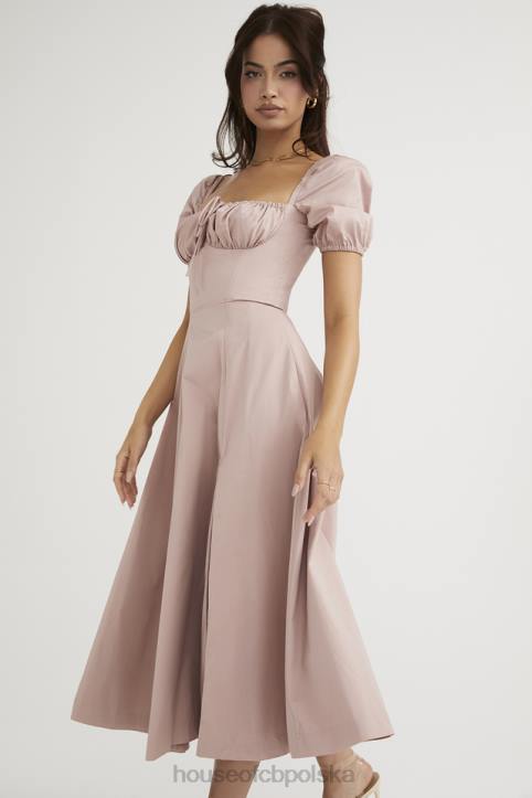 House of CB Różowa Midi Sukienka Buffi Rękawy Stylowa Elegancja