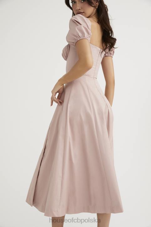 House of CB Różowa Midi Sukienka Buffi Rękawy Stylowa Elegancja