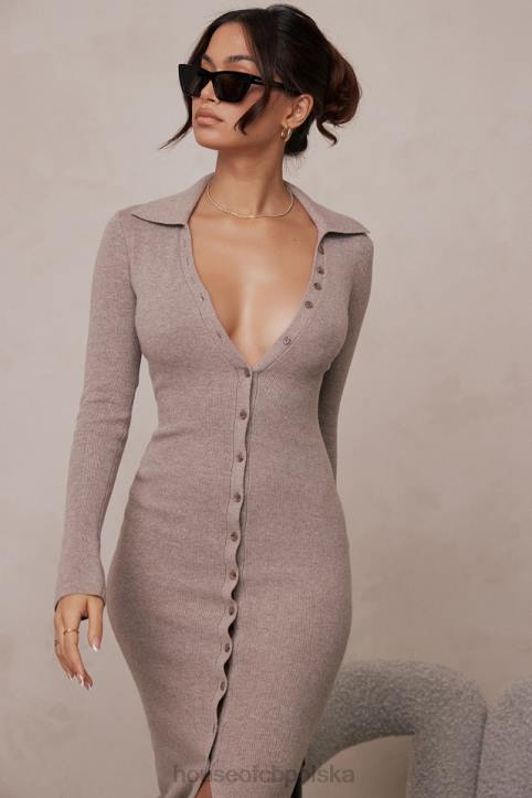House of CB Beżowa Midi Sukienka Kaszmirowa Elegancka Modna Odzież