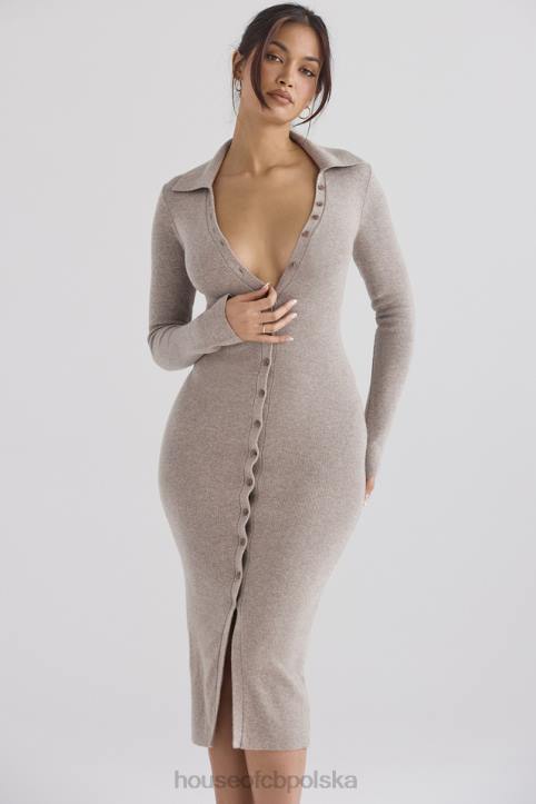 House of CB Beżowa Midi Sukienka Kaszmirowa Elegancka Modna Odzież
