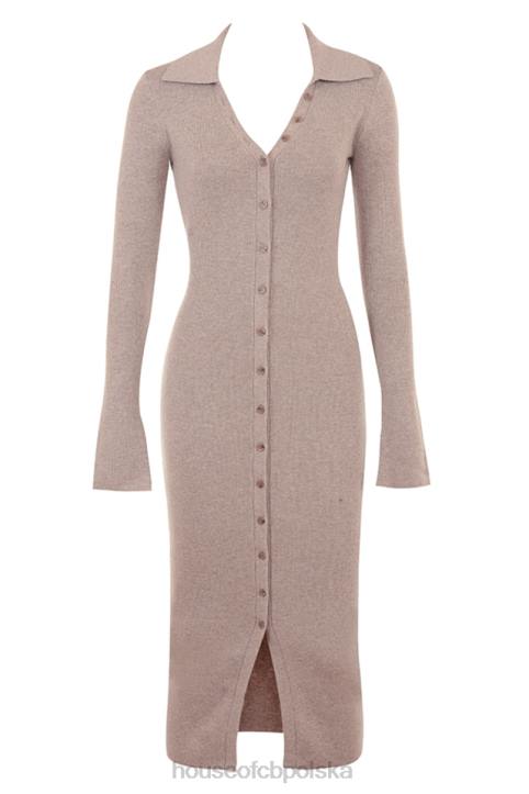 House of CB Beżowa Midi Sukienka Kaszmirowa Elegancka Modna Odzież