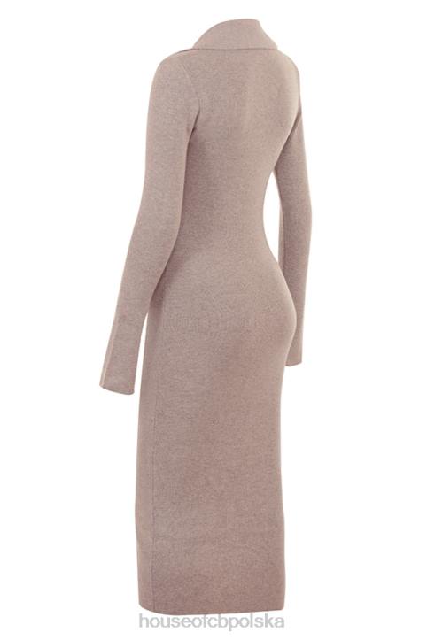 House of CB Beżowa Midi Sukienka Kaszmirowa Elegancka Modna Odzież