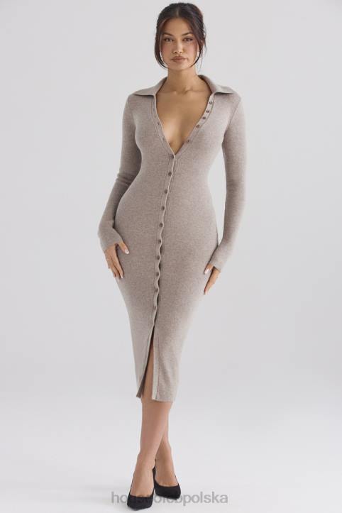 House of CB Beżowa Midi Sukienka Kaszmirowa Elegancka Modna Odzież