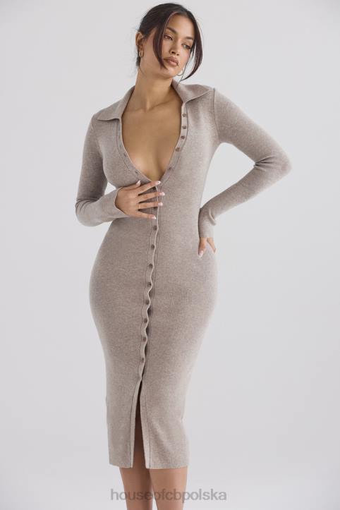 House of CB Beżowa Midi Sukienka Kaszmirowa Elegancka Modna Odzież