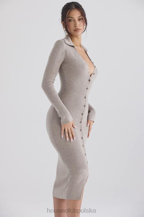 House of CB Beżowa Midi Sukienka Kaszmirowa Elegancka Modna Odzież