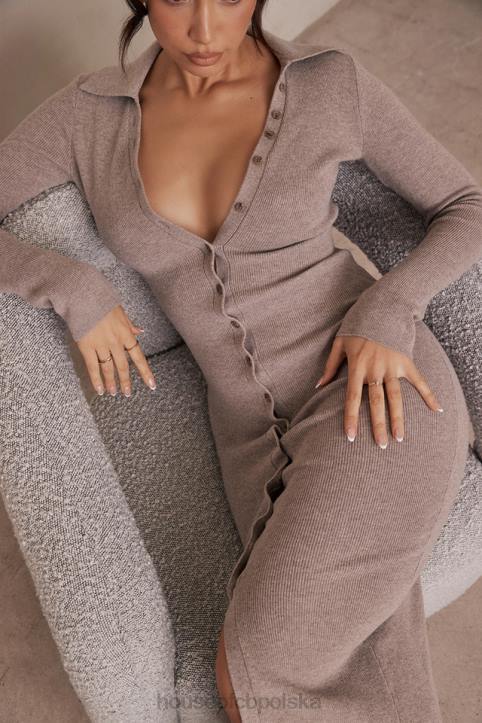 House of CB Beżowa Midi Sukienka Kaszmirowa Elegancka Modna Odzież