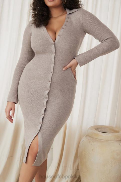 House of CB Beżowa Midi Sukienka Kaszmirowa Elegancka Modna Odzież