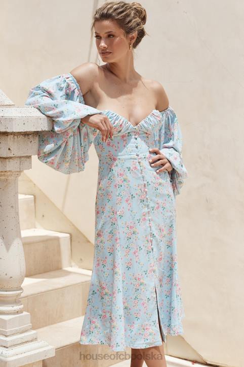 House of CB niebieska sukienka midi bardot w kwiaty na każdą okazję
