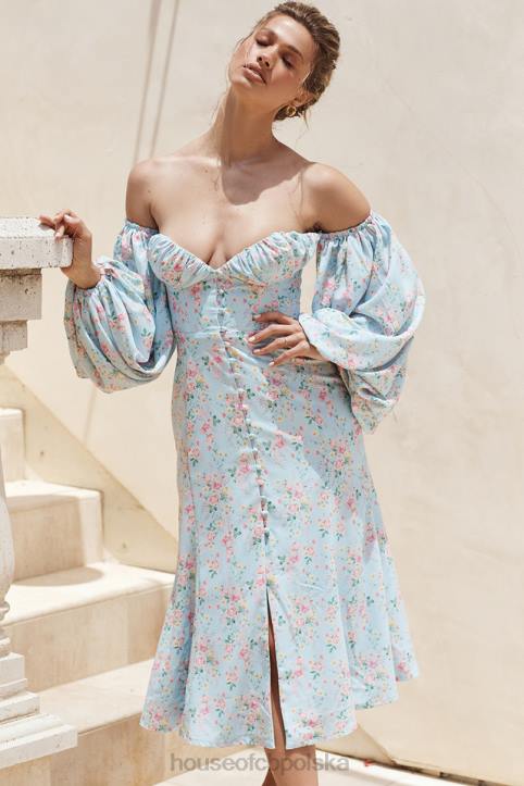 House of CB niebieska sukienka midi bardot w kwiaty na każdą okazję