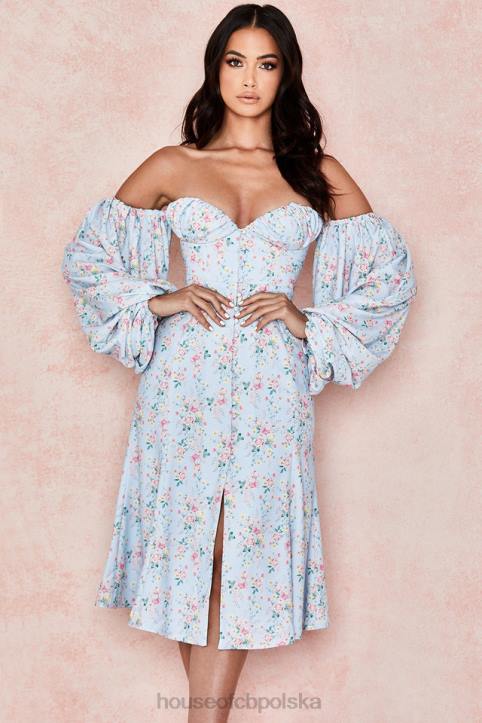 House of CB niebieska sukienka midi bardot w kwiaty na każdą okazję